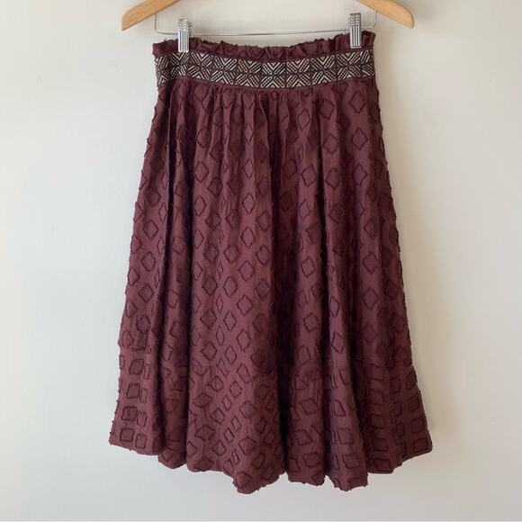 Anthropologie Maeve Diamond Cut Midi Full Skirt Size 2 Embroidered Waist Brown - Picture 10 of 12
